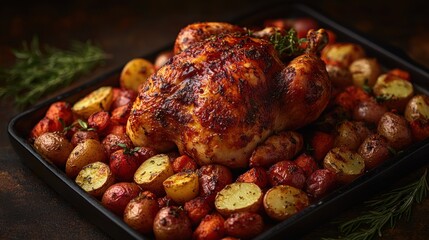 Roasted chicken with potatoes and vegetables