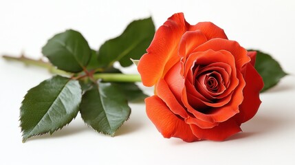 Single vibrant orange rose on white