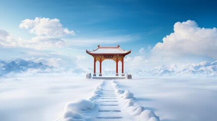 Path to a Traditional Asian Pavilion in a Pristine Winter Wonderland
