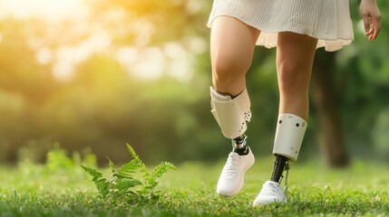 Active Woman with Prosthetic Legs Walking on Green Grass in Sunny Nature