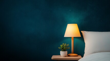 Cozy Bedroom Interior with Warm Bedside Lamp and Green Plant on Nightstand