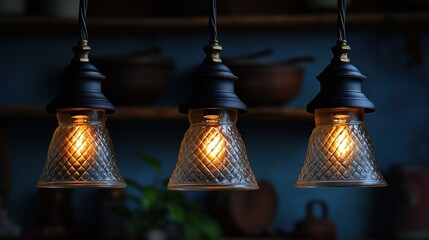 Three vintage-style pendant lamps, frosted glass, warm glow