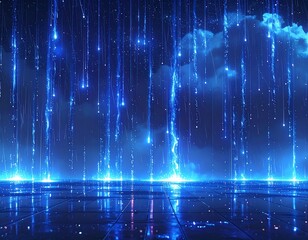A futuristic digital landscape with blue streaks of light