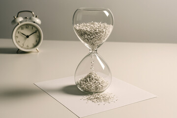 Shredded paper flows through an hourglass, symbolizing time lost to discarded ideas and looming deadlines.