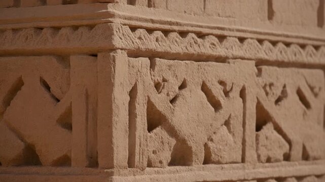 Intricate carved stone pattern on historic wall.
