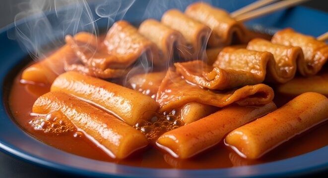 Steaming Hot Tteokbokki Spicy Korean Rice Cakes and Eomuk on a blue plate traditional comfort street food