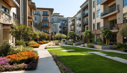 Fototapeta premium Modern front yard landscape design with lush green lawn, colorful flower beds, and small trees in a residential apartment complex