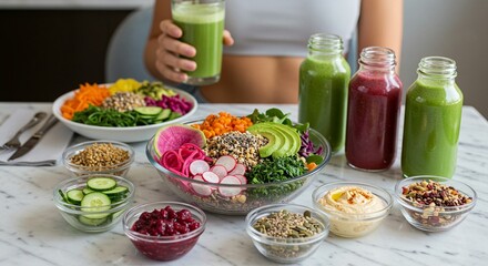 A woman enjoying a healthy meal with various salads and smoothies on a table