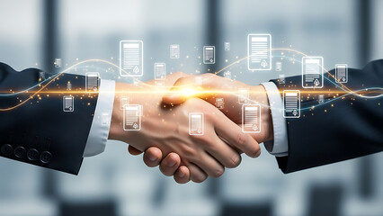 Business handshake with digital network overlay