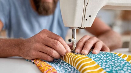 Lifestyle photography of a tailor's hands using a sewing machine on patterned fabric. Ideal for craft blogs, DIY fashion websites, and textile industry articles.