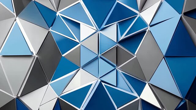 Abstract blue geometric triangle pattern on metallic tiles.