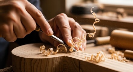 Skilled artisan meticulously carves wood with chisel, creating delicate shavings in a woodworking workshop.
