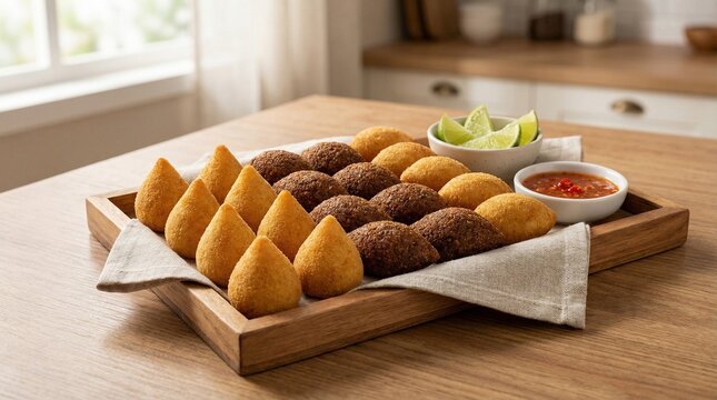 Assortment of Traditional Brazilian Fried Appetizers: Coxinhas and Kibes with Lime and Chili Sauce