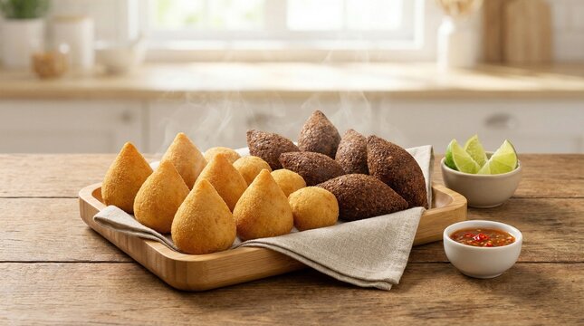 Traditional Brazilian Fried Snacks: Hot Coxinhas and Kibes with Chili Sauce