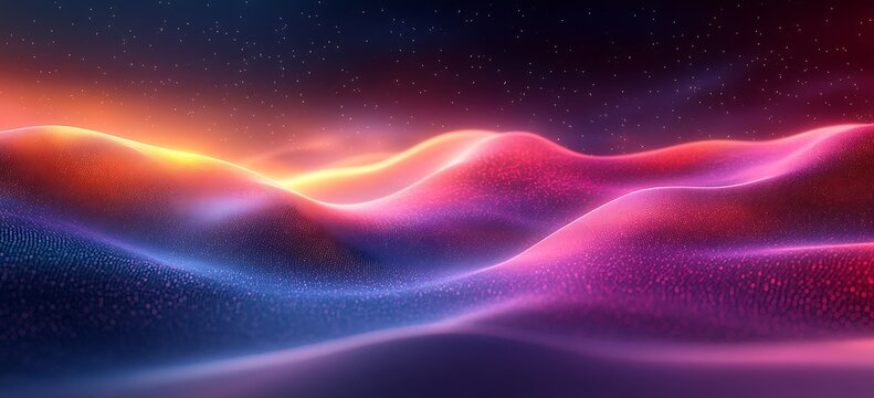 Abstract glowing wavy landscape with starry night sky background digital art - Powered by Adobe