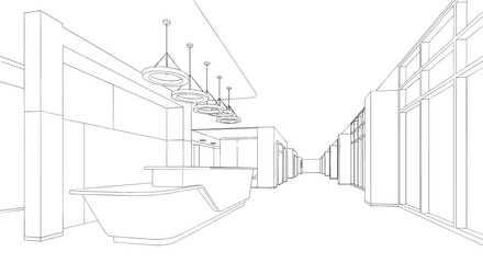 Modern minimalist reception area line art illustration featuring a sleek desk pendant lighting and long commercial building hallway