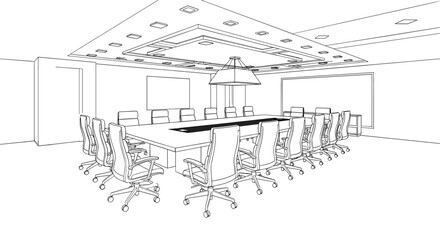 Obraz premium Modern corporate boardroom conference room interior line art vector illustration with long table and many executive chairs