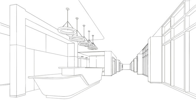 Modern minimalist reception area line art illustration featuring a sleek desk pendant lighting and long commercial building hallway