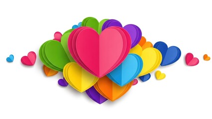 Colorful hearts in various sizes and hues arranged in a vibrant cluster against a clean white background symbolizing love and affection.