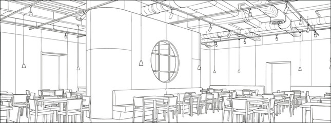Fototapeta premium Modern restaurant cafeteria interior line art vector illustration with industrial ceiling circular window and many tables and chairs