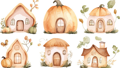 Set of vector illustrations of small wooden gingerbread houses and winter cottages with sweet holiday decorations isolated on white