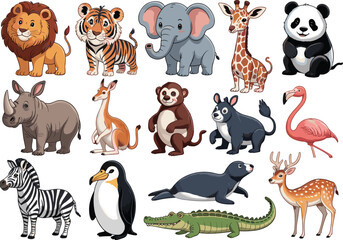 Cute cartoon animal collection with lion tiger elephant giraffe panda zebra penguin and wildlife characters isolated on white background © Miss
