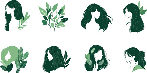 Vector set of green plants, grass, and floral elements featuring natural leaf icons and spring flower symbols for eco design and environment illustration art