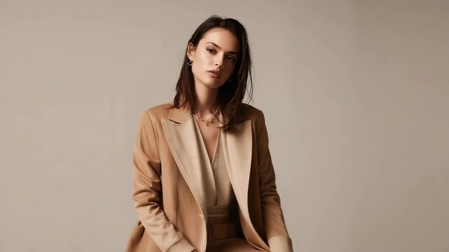 Young woman portrait beige suit blazer jacket and trousers posing confidently with neutral