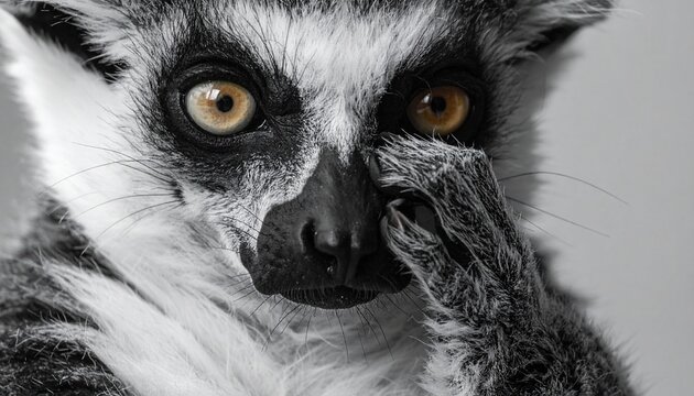 Intimate Portrait of a Ring-Tailed Lemur - A Curious Gaze in Black and White.