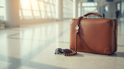 Ramadan travel mudik concept with suitcase and copy space for holiday promotion