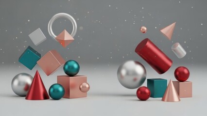 A dynamic arrangement of metallic and pastel-colored geometric shapes and spheres in a floating, floating state against a neutral background with a subtle star pattern.