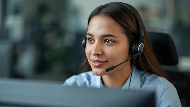 Young customer service representative with headset smiling while working computer customer service