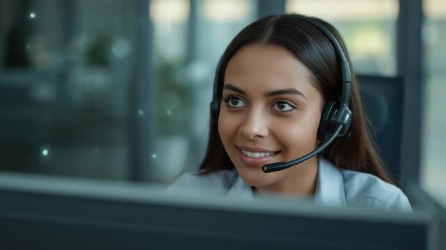 Friendly customer service representative headset smiling computer screen representative headset