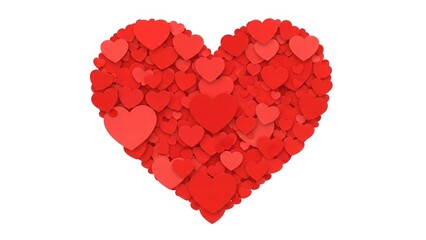 Large red heart symbol made from numerous smaller red hearts on a white background representing love and affection