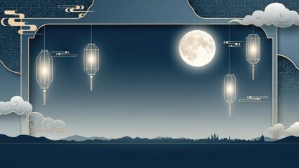 A serene night scene with a full moon, hanging lanterns, and clouds in the sky, set against a dark blue background with a mountain range in the distance.