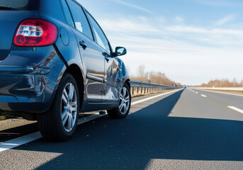 Fototapeta premium Damaged compact car parked on highway shoulder after traffic accident, visible dented rear side panel and empty road stretching into distance under clear blue sky