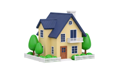 Cartoon House with Trees and Fence