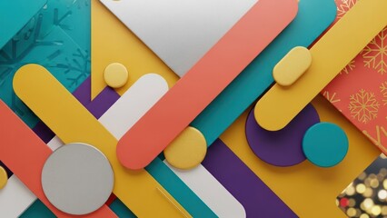 A colorful, abstract composition with geometric shapes and circles in a mix of vibrant colors.