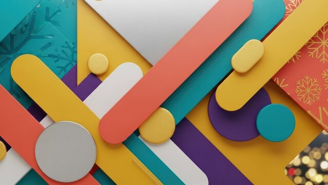 A colorful, abstract composition with geometric shapes and circles in a mix of vibrant colors. - Powered by Adobe