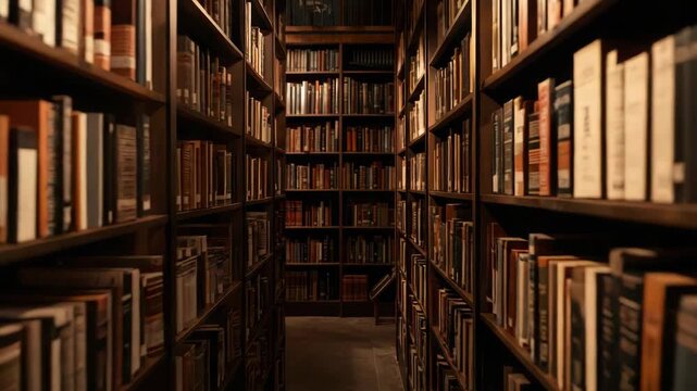 Quiet cozy narrow dimly lit library aisle with wooden shelf rows of vintage book spines and books