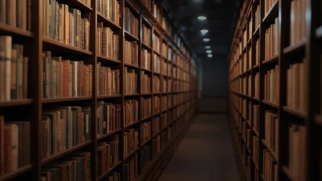 Quiet dimly lit historic library aisle with warm lighting wooden bookshelves stacked vintage book