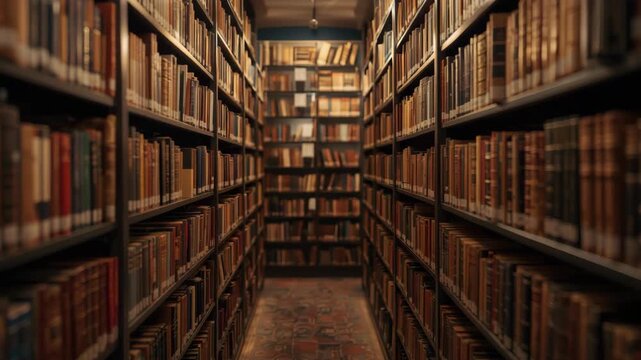 Quiet narrow library aisle with ancient leather book spines vintage bookshelf, warm cozy ambient