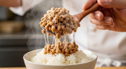 Iconic moment, a chef spooning stringy natto (fermented soybeans) over a bowl of steamed rice, stunning macro close-up of the sticky threads.