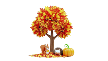 Cute Autumn Scene with Squirrel, Hedgehog, Pumpkin, and Fall Tree