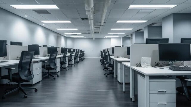 Modern open office with rows of empty workstations and ergonomic chairs, desks with computers