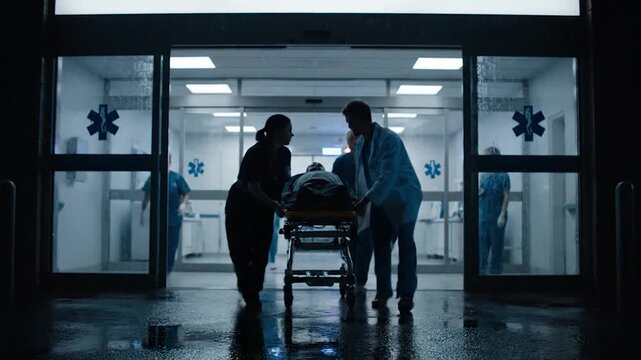 Medical professionals rush patient into hospital emergency room at night.