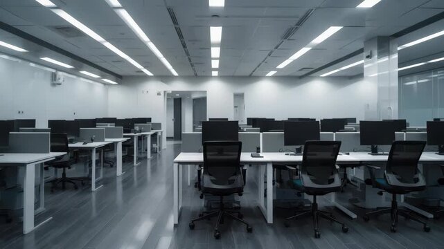 Modern empty open plan office with rows of desks workstations and ergonomic chairs cool fluorescent