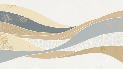 Abstract wave pattern with bamboo leaves and waves in beige and blue colors on a white background.
