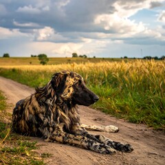 A dog with a mottled brown coat lies on a dirt road in a serene rural landscape