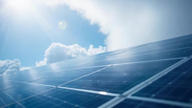 Solar panel array and photovoltaic panel field under bright blue sky with sun cloud and sun flare